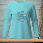 Aqua long sleeve shirt with "High Tide Higher Standards" and mermaid tail graphic.