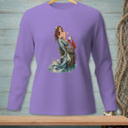 Long-sleeve purple shirt with a mermaid holding a pearl and a lobster.