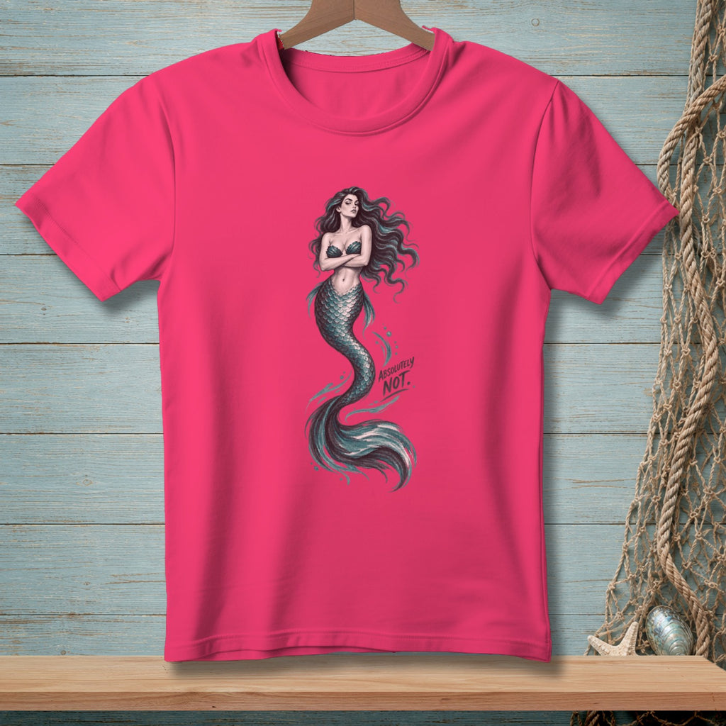 Pink t-shirt with a dark-haired mermaid illustration and text "ABSOLUTELY NOT."