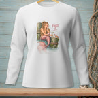 Mermaid with pink tail drinks cocktail on dock, with crab and text "FIXED IT.".