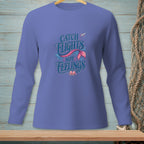Purple long sleeve shirt with "Catch Flights Not Feelings" and mermaid tail graphic.