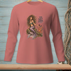 Mermaid with octopus and text "THE SALT STAYS." on a pink long-sleeve shirt.