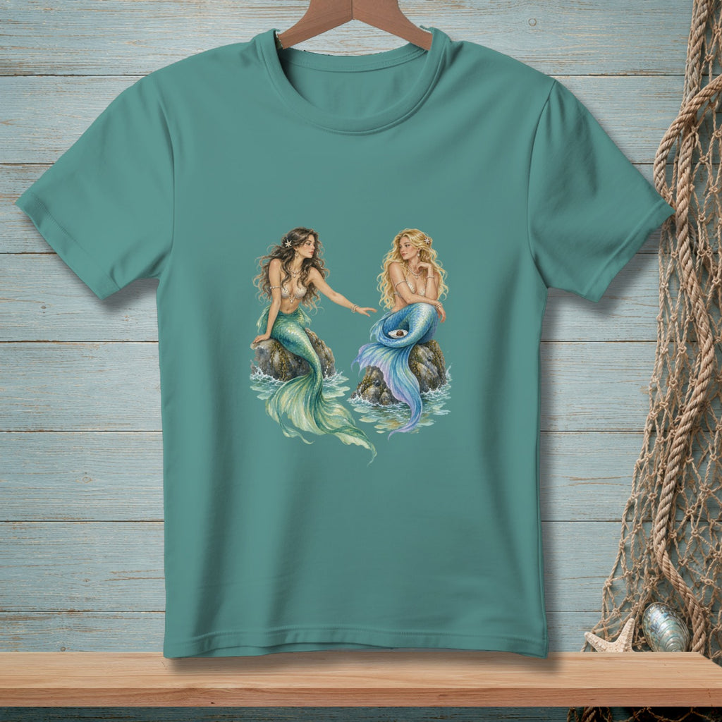 Two mermaids sit on rocks in the ocean, with one reaching towards the other.