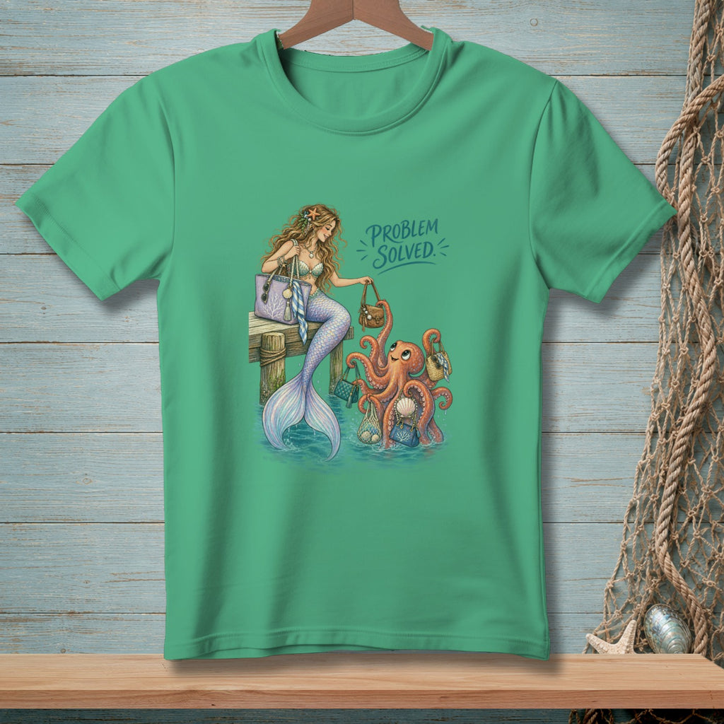 Mermaid and octopus with shopping bags on a pier, with text "PROBLEM SOLVED".