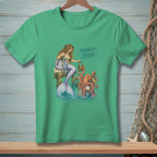 Mermaid and octopus with shopping bags on a pier, with text "PROBLEM SOLVED".