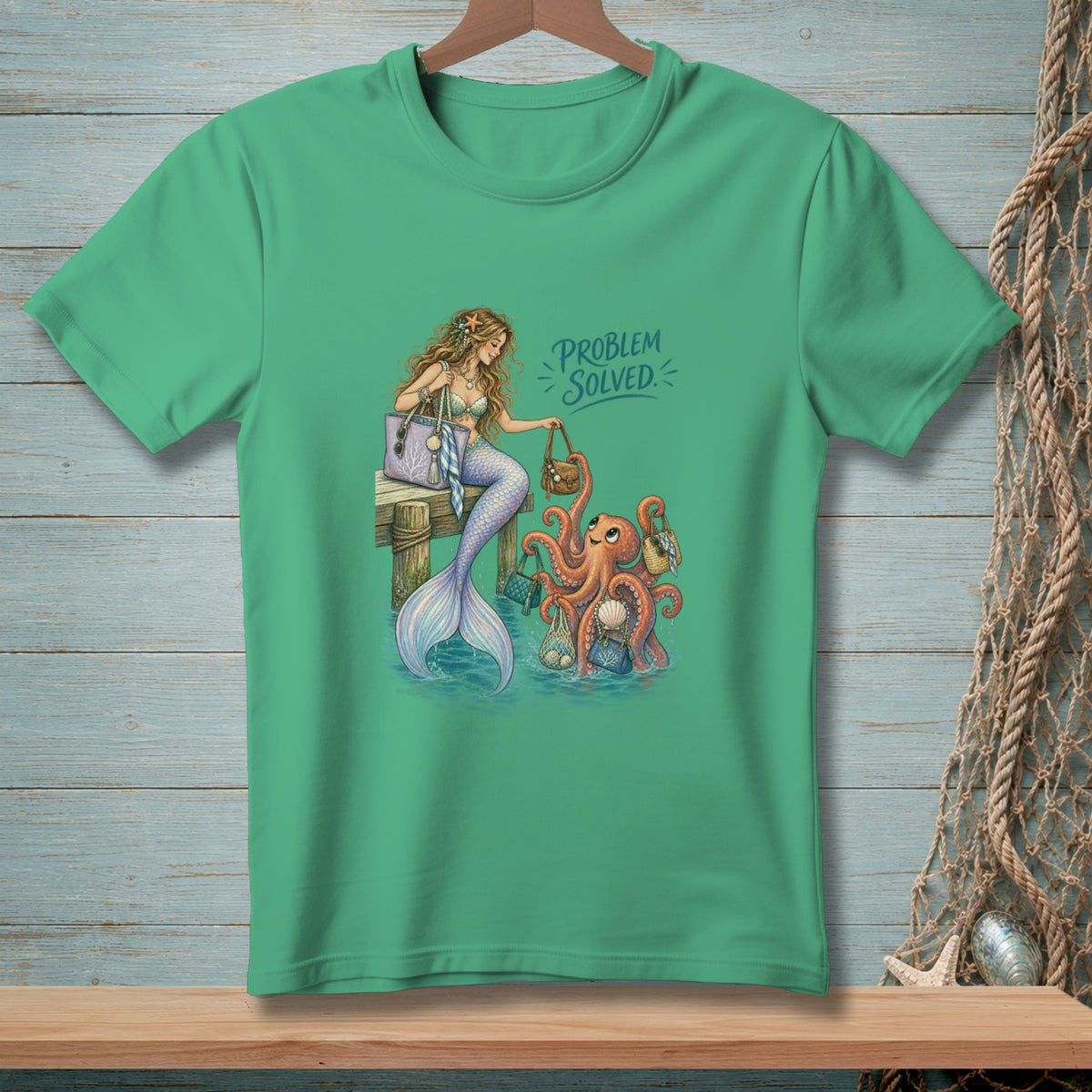 Mermaid and octopus with shopping bags on a pier, with text "PROBLEM SOLVED".