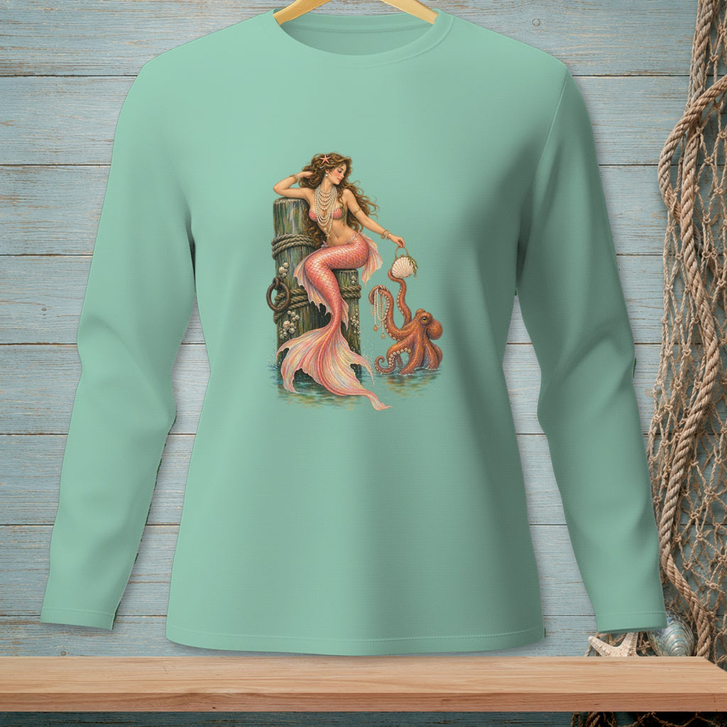 Mermaid holding a shell and an octopus by a weathered wooden post.