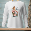 White long-sleeve shirt with mermaid and lobster graphic that reads "Don't Get Comfortable."