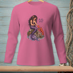 Pink long-sleeve shirt with a mermaid and lobster illustration with text.