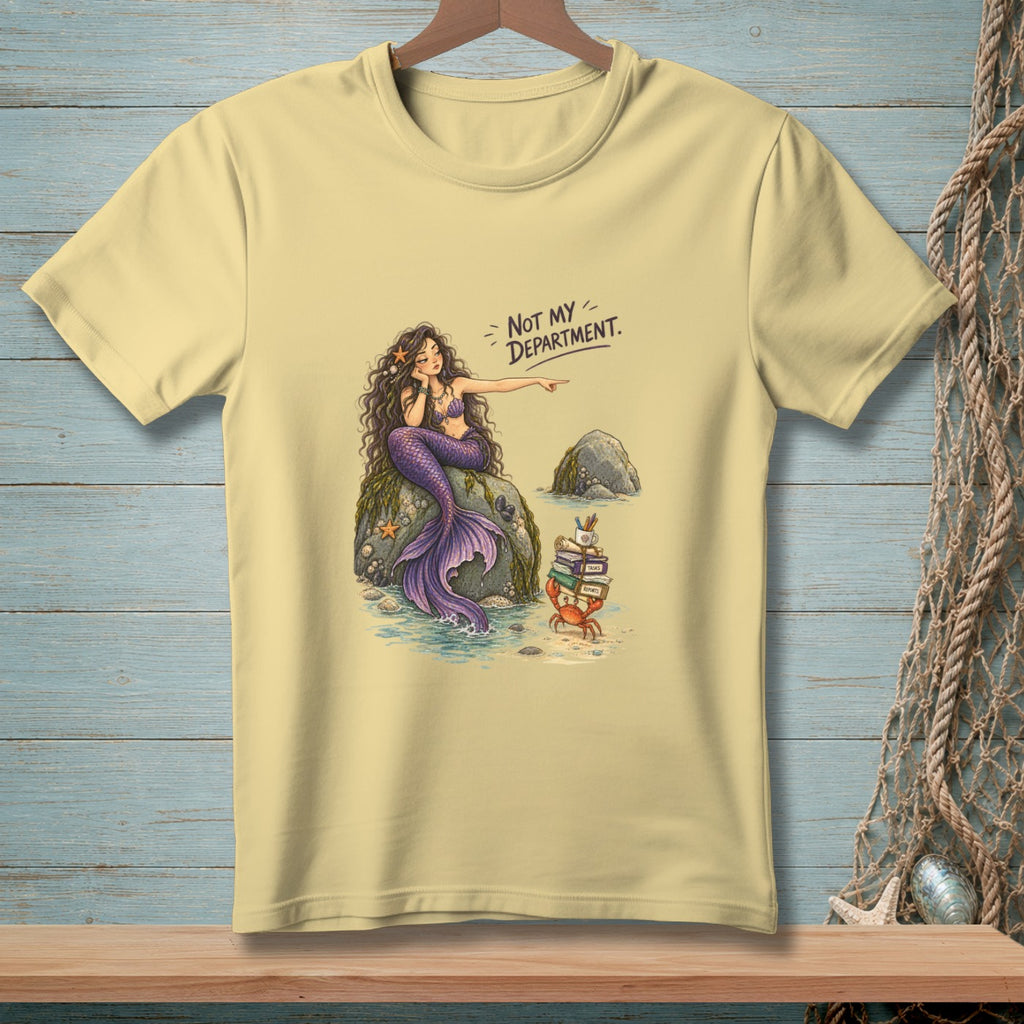 Mermaid on a rock points away from a crab carrying books with text "Not My Department".