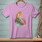 Mermaid holding pearl and lobster with oyster on rock on pink t-shirt.
