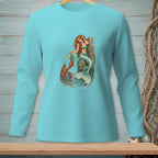 Mermaid with red hair holds flowers for a lobster at a wooden post in water.