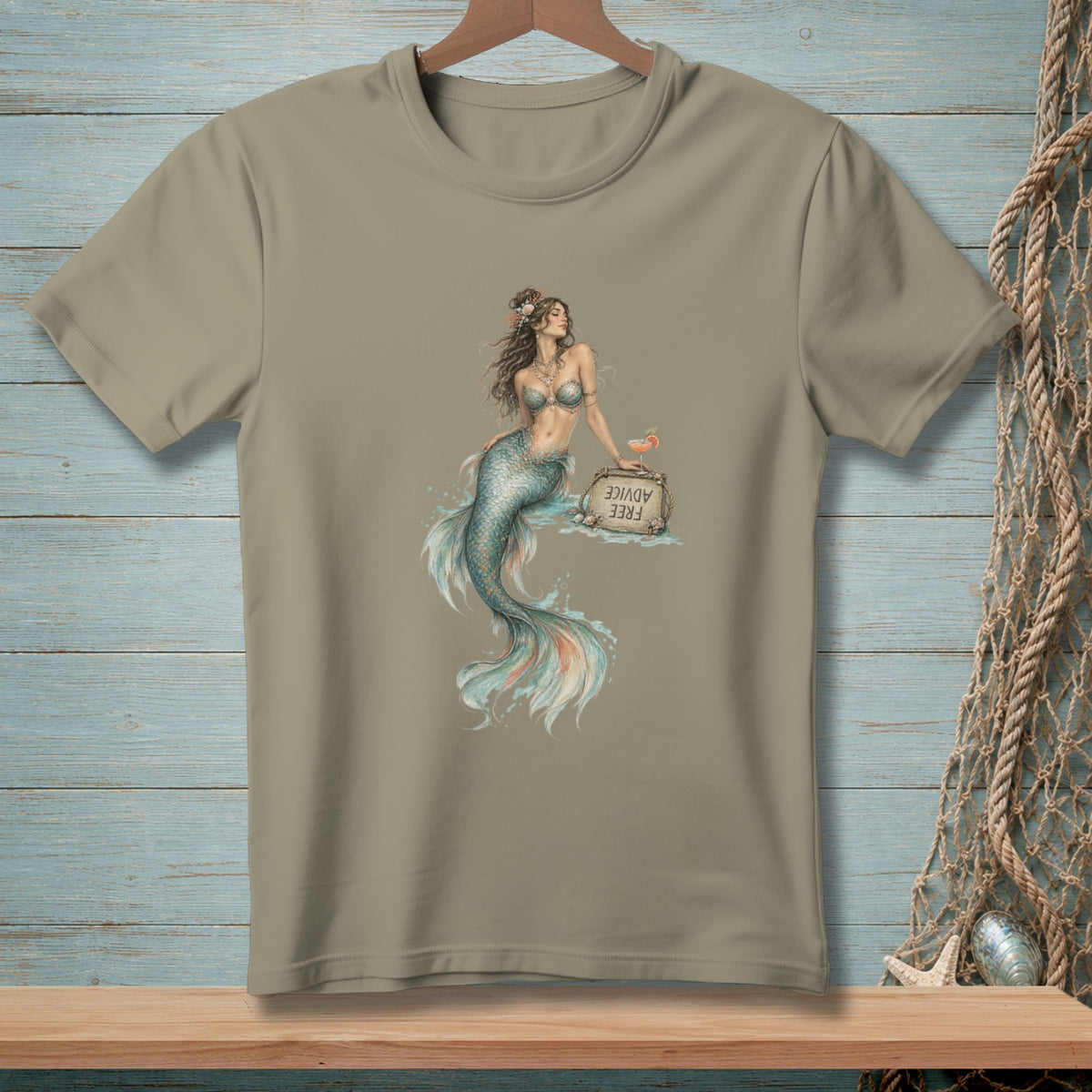 T-shirt with mermaid holding a "Free Advice" sign and a cocktail.