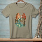 Mermaid sitting on a dock with a lobster presenting a pearl from an oyster.