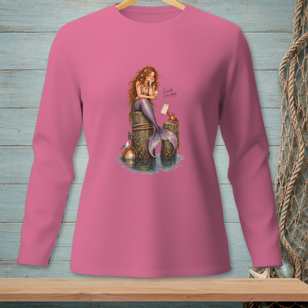 Pink long-sleeve shirt with a mermaid illustration holding a drink and a "To Do" list.