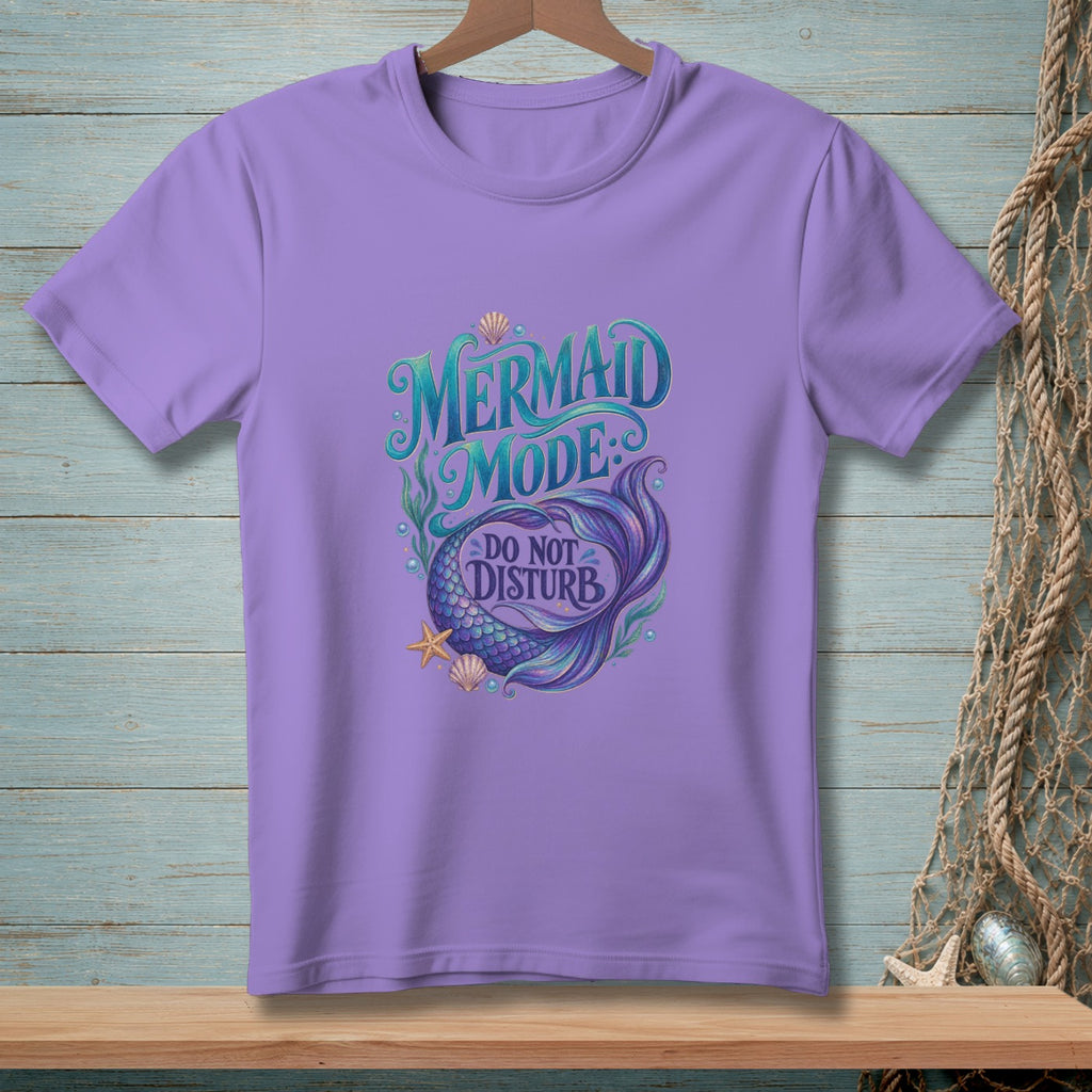 Purple t-shirt with "Mermaid Mode: Do Not Disturb" text and mermaid tail design.
