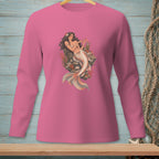 Pink long-sleeved shirt featuring a detailed mermaid illustration with oceanic coral.