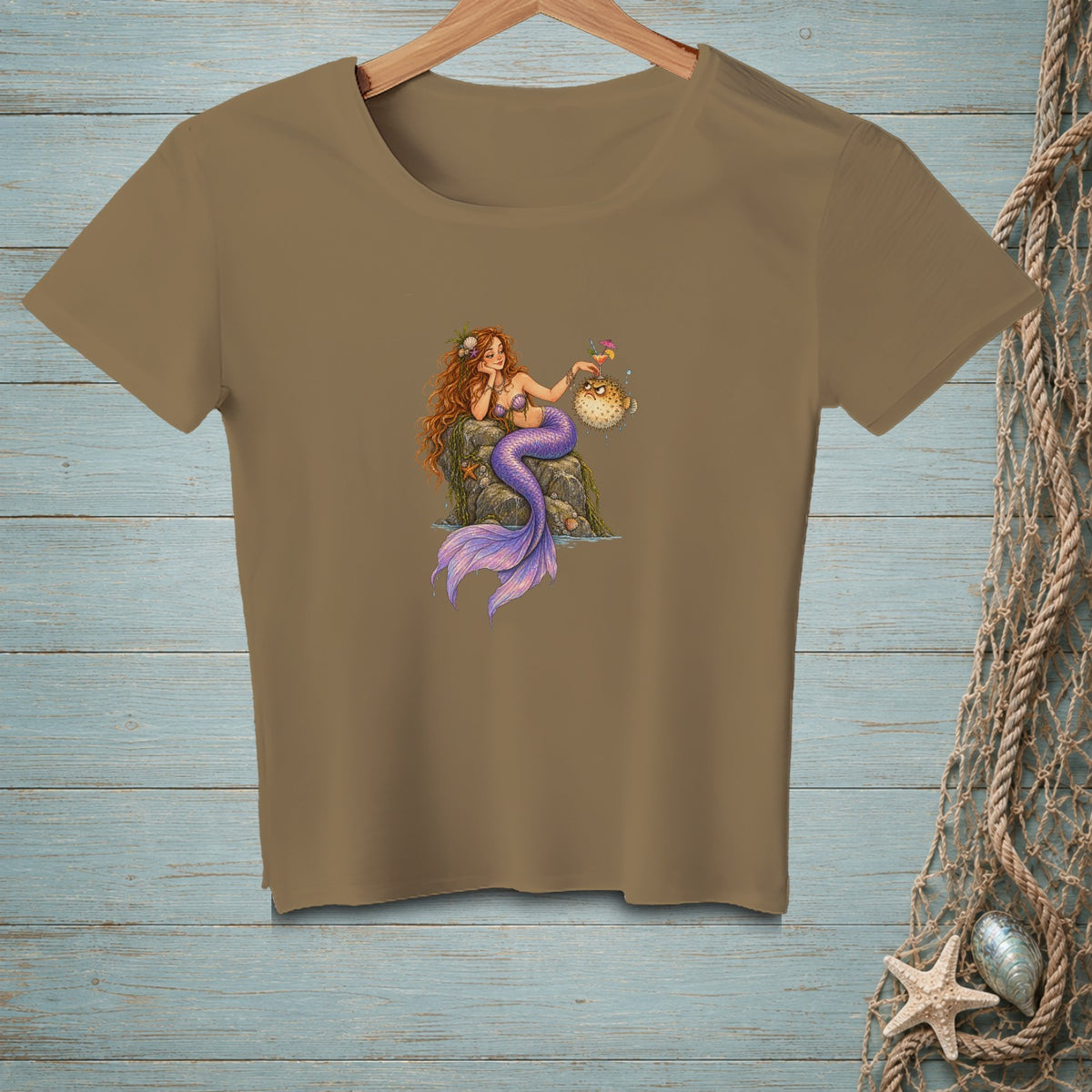Illustration of a mermaid with a purple tail holding a drink next to a pufferfish.