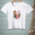 White t-shirt with a mermaid, lobster, and basket of shells graphic saying "THINK BIGGER".