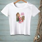 White t-shirt with a mermaid, lobster, and basket of shells graphic saying "THINK BIGGER".
