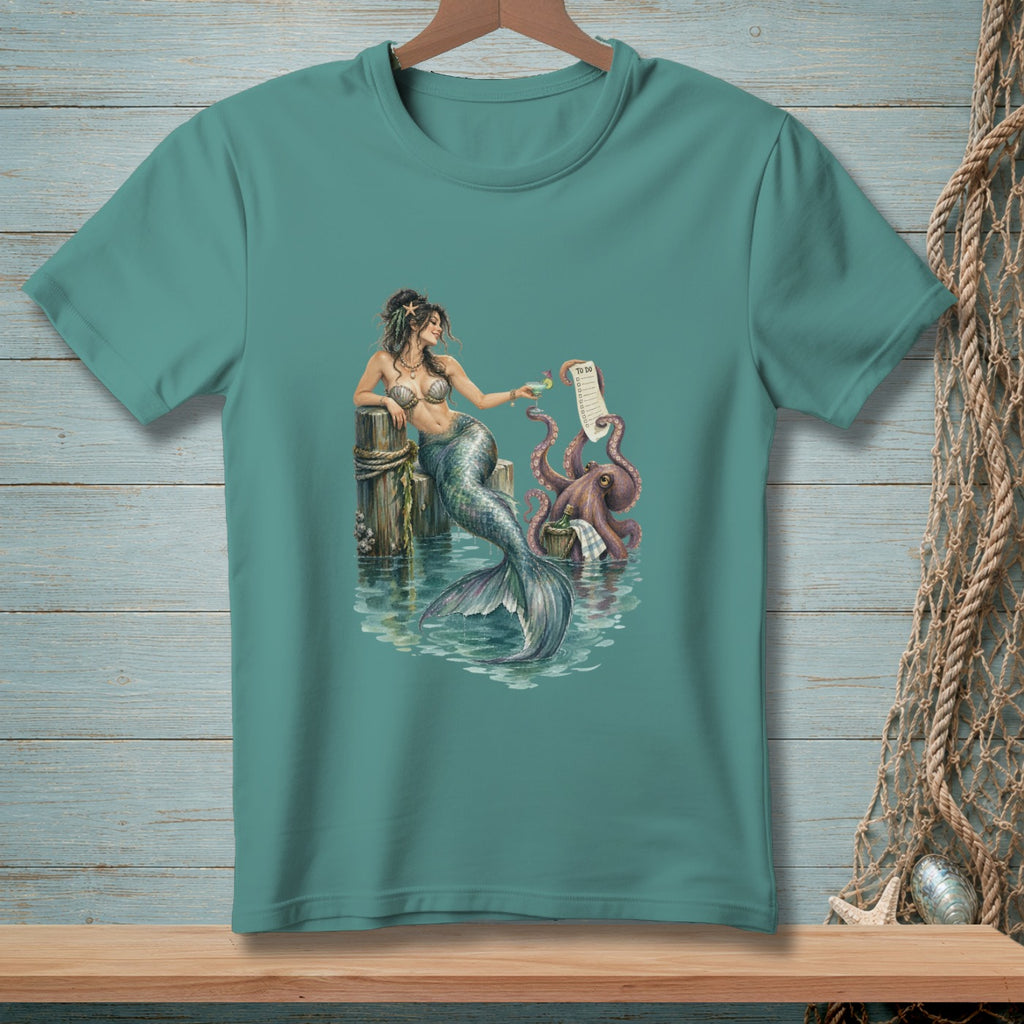 Mermaid and octopus at a dock, with a to-do list and drinks.