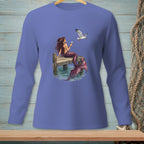 Mermaid sitting on dock with martini and a seagull holding food.