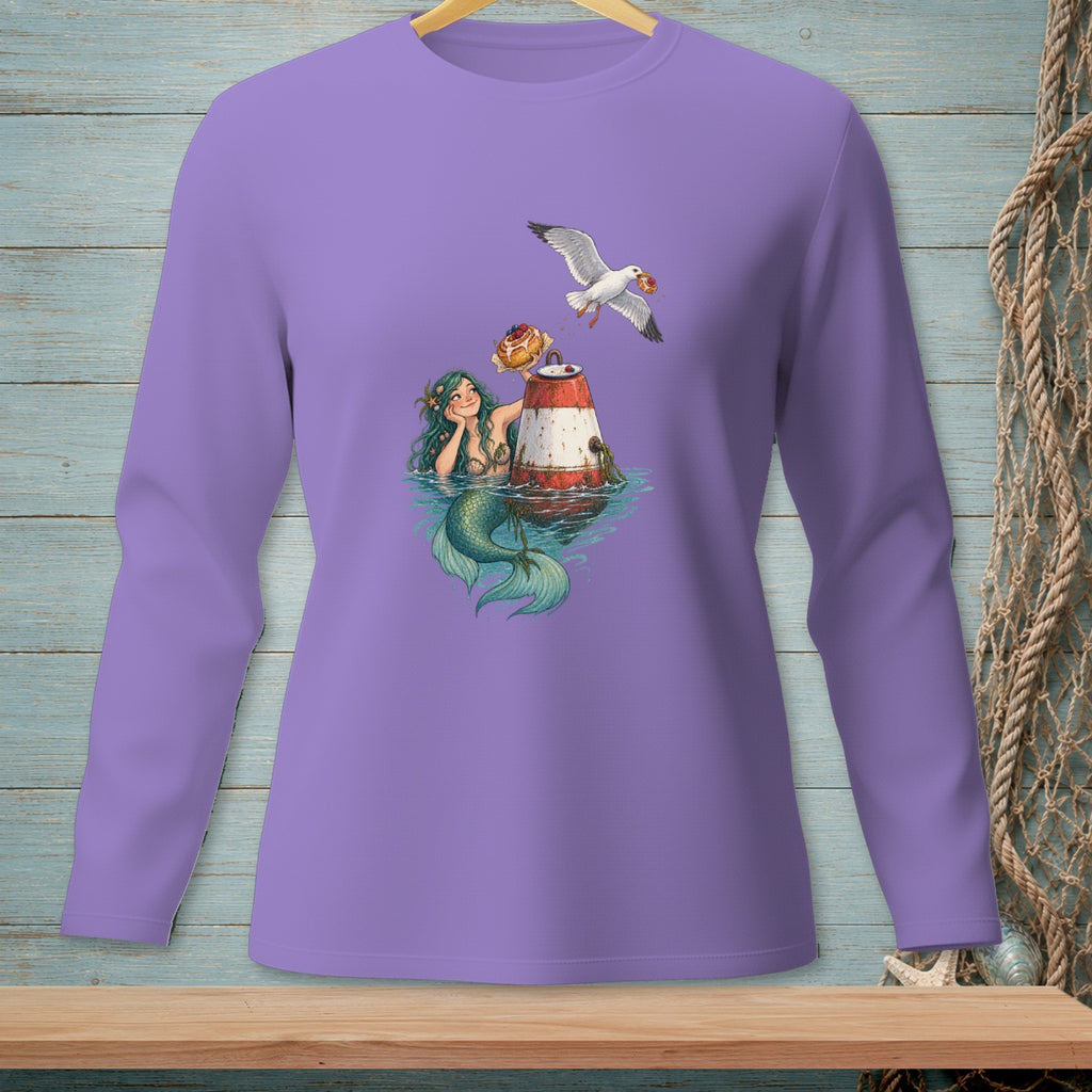 Illustration of a mermaid and seagull on a buoy with donuts.