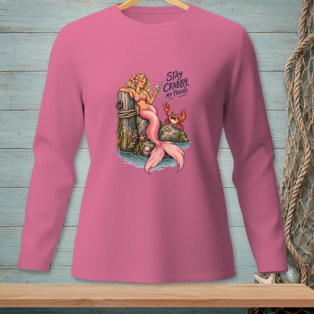 Pink long-sleeve shirt with a mermaid, crab, and the text "Stay Crabby, My Friend."