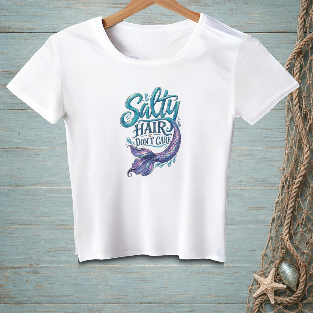 White t-shirt with "Salty Hair Don't Care" and a mermaid tail graphic.