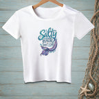 White t-shirt with "Salty Hair Don't Care" and a mermaid tail graphic.