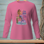 Pink long-sleeve shirt with mermaid graphic and text "SEA HAIR ZERO CARE".