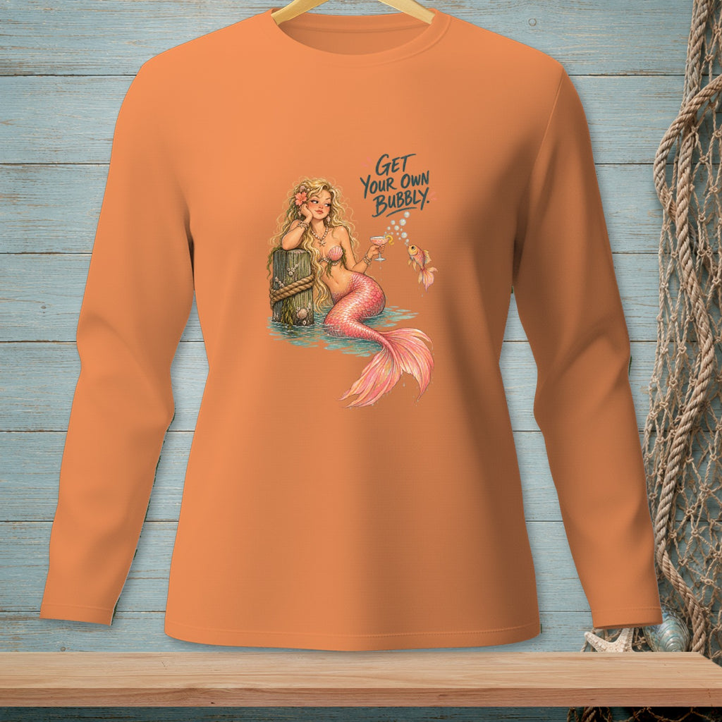 Orange long-sleeve shirt with a mermaid graphic and the text "GET YOUR OWN BUBBLY".