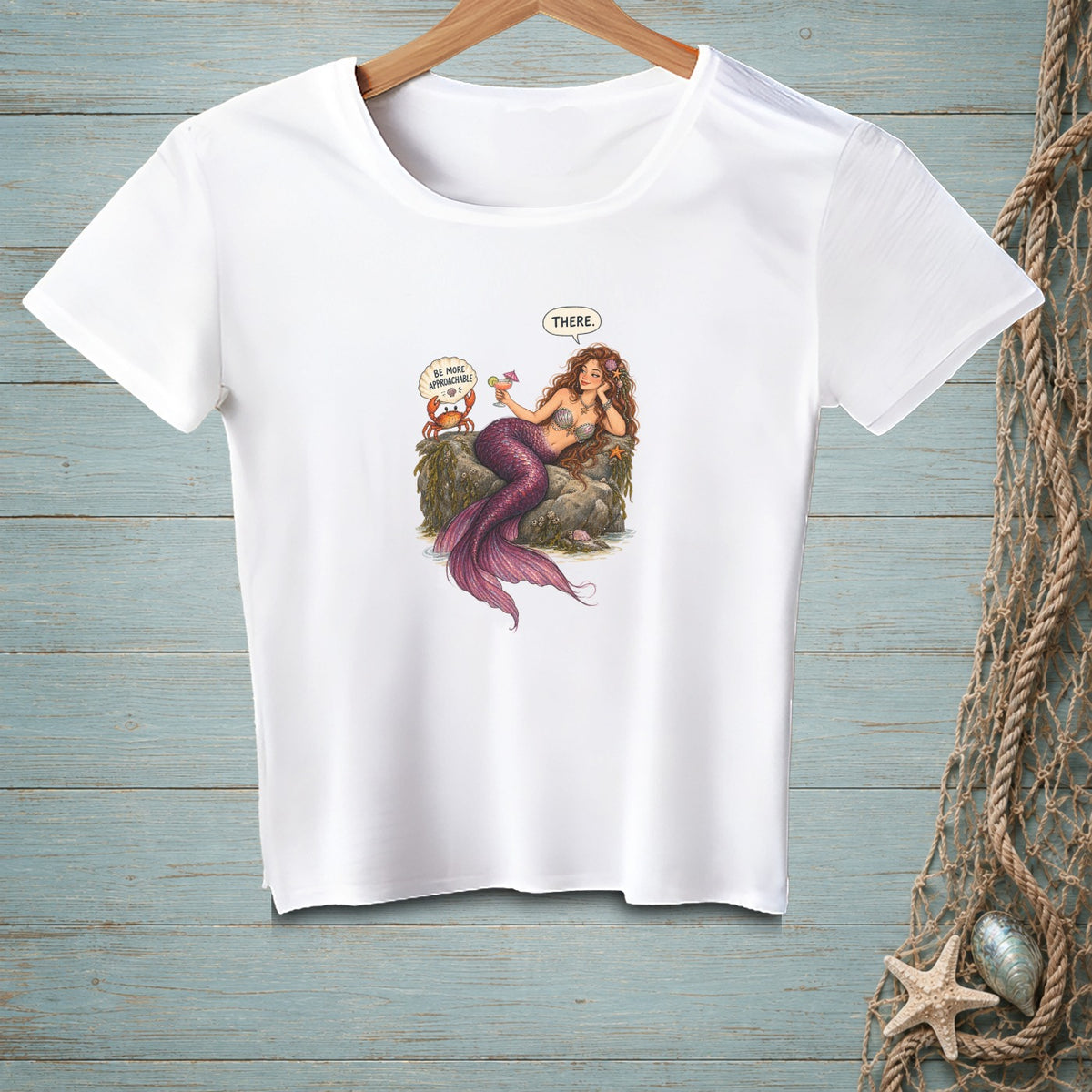 Mermaid with cocktail and crab saying "Be more approachable."