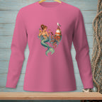Pink long-sleeve shirt featuring a mermaid, octopus, lighthouse, and seagull.