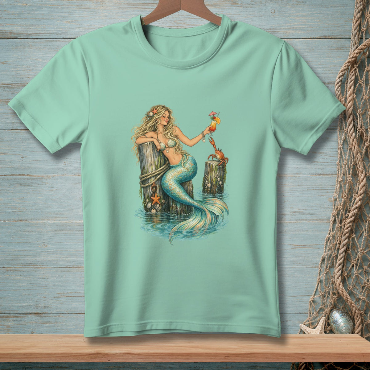 Mermaid with a cocktail and a crab on wooden posts by the water.