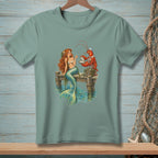 Mermaid and lobster on a dock with a pearl and oysters.