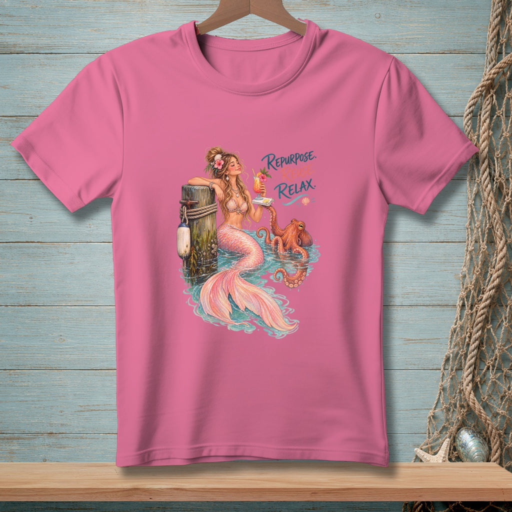 Pink t-shirt graphic of mermaid with octopus and text "Repurpose. Reuse. Relax."