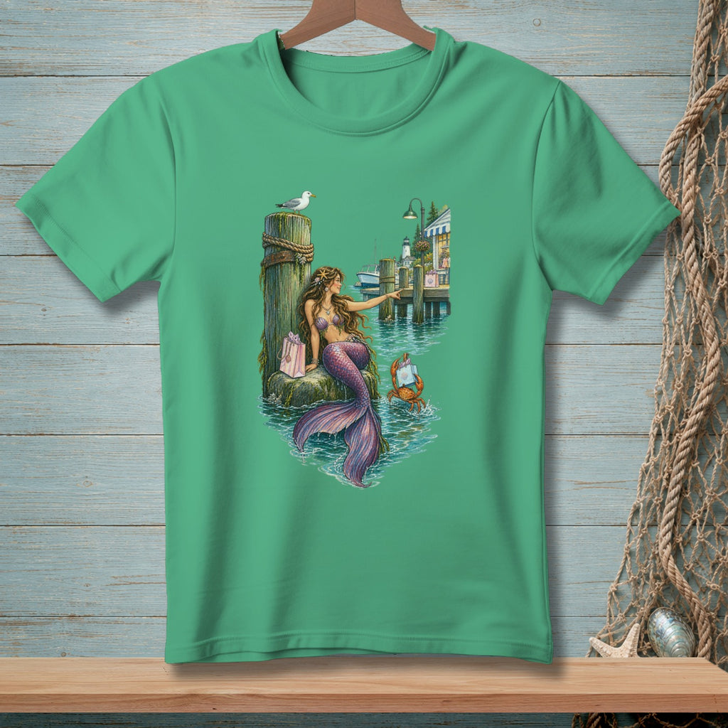 Mermaid with purple tail sits by a dock with a crab and shopping bag.