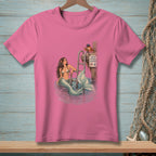 Mermaid lounging by ladder with crab wearing sailor hat and sign.
