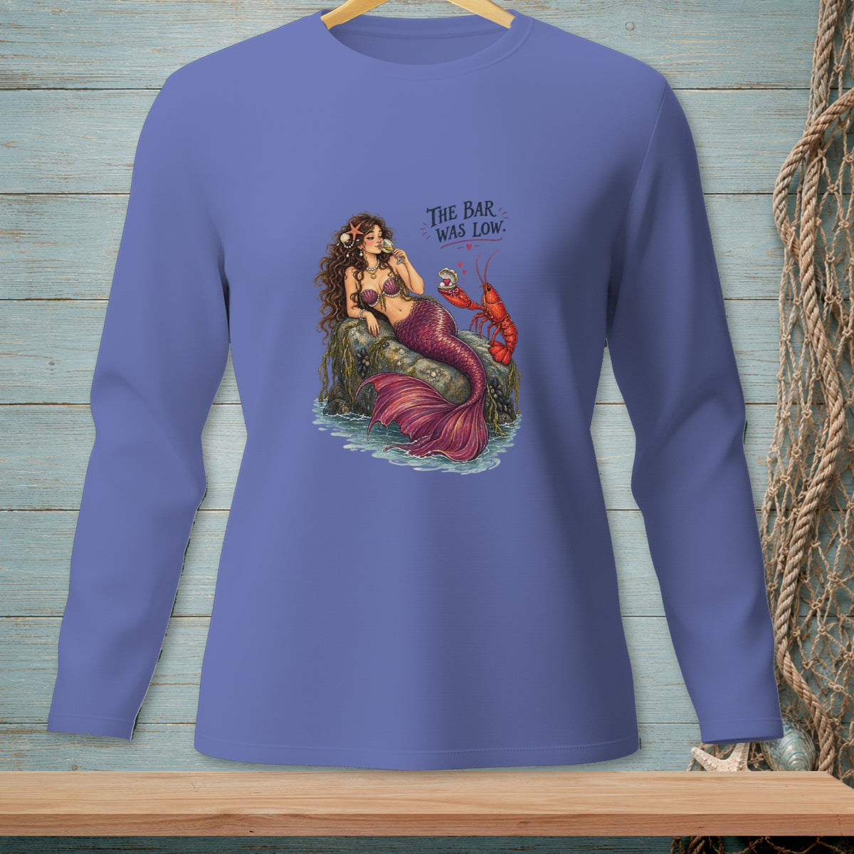 Mermaid with lobster and drink, text "The Bar Was Low"