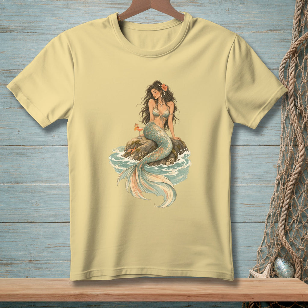 Yellow t-shirt with a vintage illustration of a mermaid on a rock.