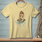 Yellow t-shirt with a vintage illustration of a mermaid on a rock.
