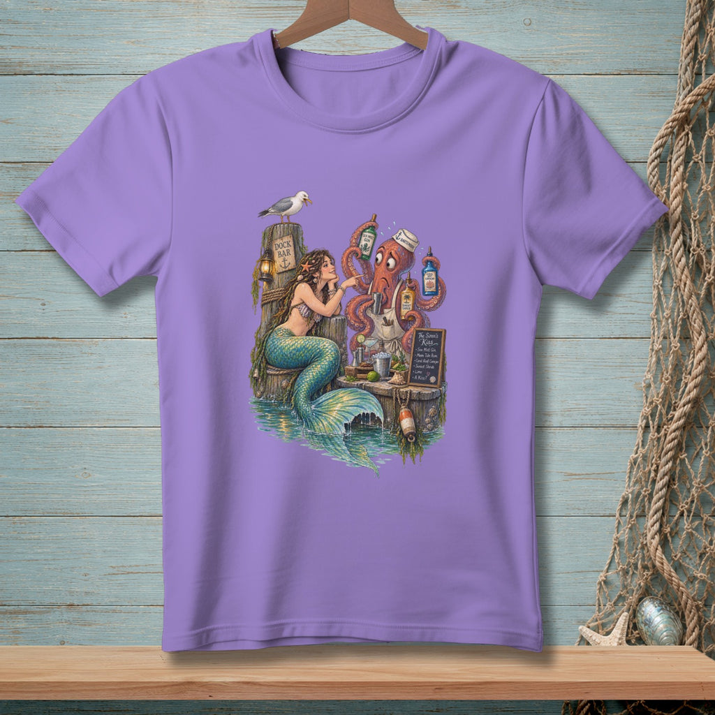 Mermaid and octopus at the Dock Bar, with drink recipe and seagull.