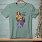 Mermaid with purple tail holding a drink, text "Salty Hair. Saltier Attitude."