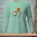 Mint long sleeve shirt with a mermaid holding a drink and a buoy.