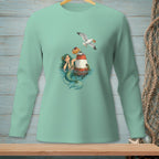 Mermaid with donut and seagull on a buoy design on a mint green long-sleeve shirt.