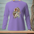 Lavender shirt with a graphic of a mermaid resting in a boat filled with flowers and an oar.