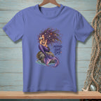 Purple t-shirt with a mermaid holding a coffee cup and the text "Mermaid Hair Day".