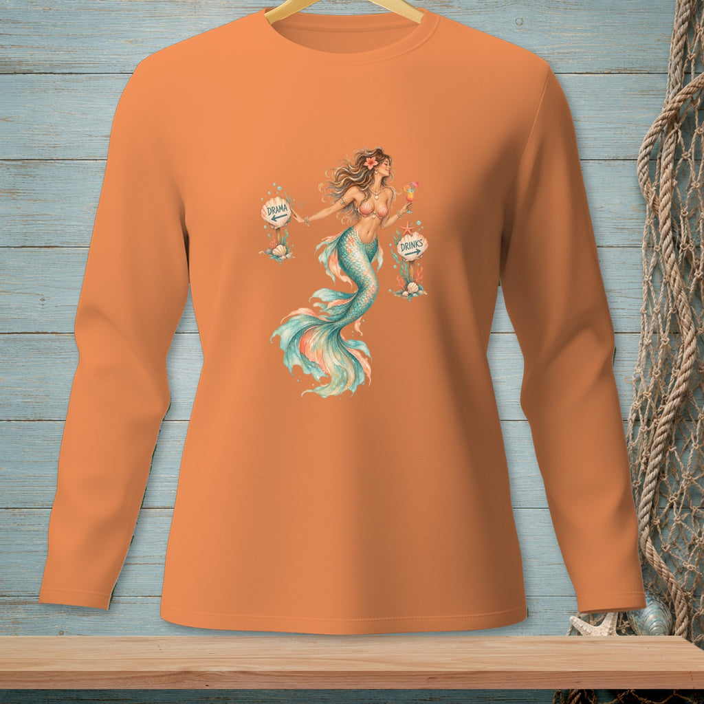 Orange long-sleeve shirt with a watercolor mermaid graphic holding "Drama" and "Drinks" signs.