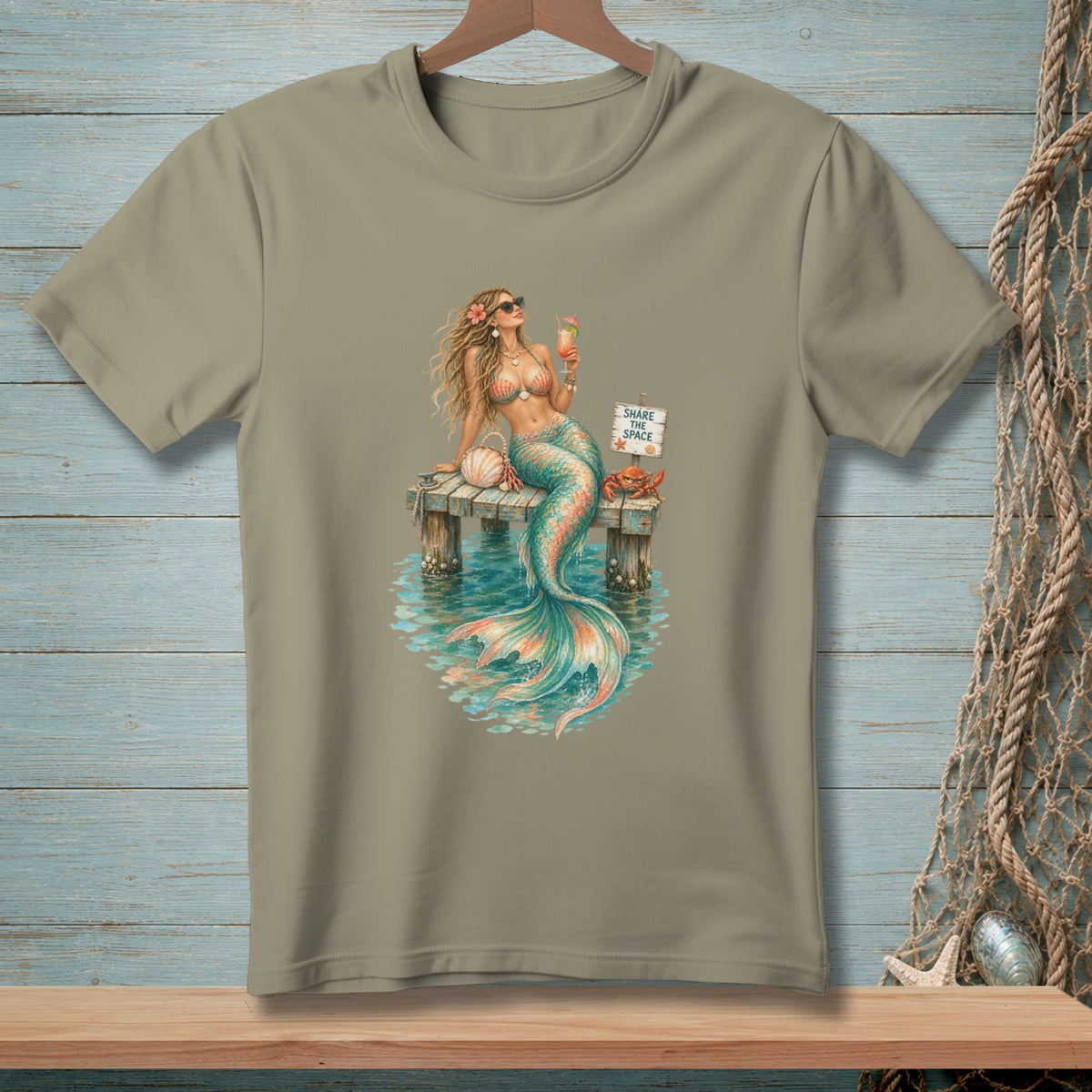 Mermaid with cocktail on dock, seashell, crab, and sign reading "Share the Space."